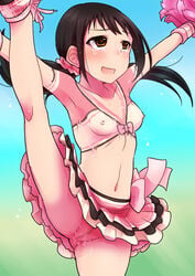 armpits black_hair blush bodypaint breasts brown_eyes censored cheerleader clothes clothing covered_nipples embarrassed erect_nipples female heart heart-shaped_pupils idolmaster idolmaster_cinderella_girls leg_up long_hair nakano_yuka no_panties open_mouth outstretched_arms outstretched_leg painted_clothes pom_poms pussy pussy_juice shinkai_kiiro skirt small_breasts smile solo spread_legs symbol-shaped_pupils tears tied_hair topless twintails upskirt