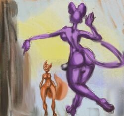 2016 anthro ass backsack balls big_breasts big_butt black_penis breasts canine dickgirl duo erection female fox fur hair herm intersex mammal nude open_mouth penis simple_background sketch smug_nuggets thick_thighs wide_hips