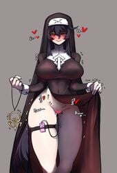 babo black_hair blush bottomless exposed_pussy garter_belt habit heart heart_censor korean_text large_breasts long_hair masturbation naughty_nun no_panties nun onomatopoeia original red_eyes revealing shaved_pussy smile trembling veil very_long_hair vibrator