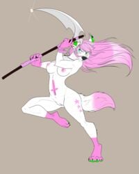 anthro breasts canine female looking_at_viewer mammal melee_weapon nipples nude polearm pussy scythe smile solo sparky-corpsee weapon wide_hips