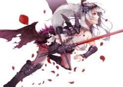 :d albino armor armored_boots bangs bare_shoulders black_wings blue_flower boots dark_jeanne dress flower frills from_side gauntlets granblue_fantasy grey_hair hair_flower hair_ornament highres jeanne_d'arc_(granblue_fantasy) long_hair low_wings mugcup open_mouth pauldrons petals profile red_eyes silver_hair simple_background smile solo sword vambraces weapon white_background wings