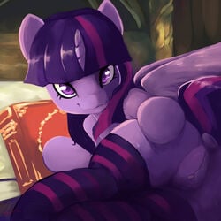 2016 alicorn anus ass book clothed clothing equine female feral friendship_is_magic hair hi_res horn inside legwear looking_at_viewer lying mammal my_little_pony nsfwdozer pussy smile solo striped striped_legwear stripes sweat twilight_sparkle_(mlp) wings