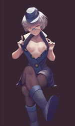 :d bare_shoulders blue-framed_glasses blue_hat blue_vest boots breasts brown_background brown_legwear clothing collar collarbone crossed_legs elizabeth_(persona) female glasses hat highres index_finger_raised legs_crossed looking_at_viewer nipples no_bra open_clothes open_dress open_mouth open_vest pantyhose parted_lips persona persona_3 rubber_boots seductive_smile semi-rimless_glasses short_hair silver_hair simple_background sitting sleeveless small_breasts smile solo teeth under-rim_glasses undressing vest white_hair xiao_chichi