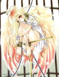 angel_wings bare_legs barefoot blonde_hair bottomless chained chains collar cuffs folded long_hair pussy red_eyes sakuraniku_umatarou shackles short_sleeves solo unbuttoned unbuttoned_shirt wings