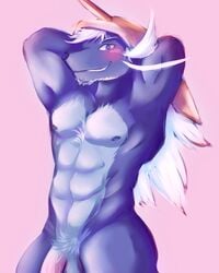 2016 anthro balls barazoku blush dewott erection humanoid_penis looking_at_viewer male male_only mammal muscular mustelid nintendo nipples nude otter pecs penis pokemon pokemon_(species) samurott shirokoi simple_background solo solo_male standing