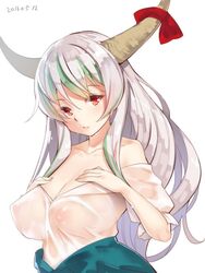 1girls 2016 areolae bare_shoulders blush breasts cleavage collarbone covered_nipples dated erect_nipples ex-keine female gradient_hair green_hair hands_on_own_chest head_tilt horn_ornament horn_ribbon horns kasa_jizou keine_kamishirasawa large_breasts long_hair looking_at_viewer multicolored_hair nipples no_bra off_shoulder parted_lips red_eyes red_ribbon ribbon see-through shirt silver_hair simple_background solo sweat touhou upper_body wet wet_clothes wet_shirt white_background white_shirt