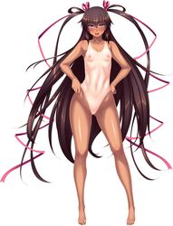 1girls areolae barefoot black_lilith blush breasts brown_hair feet female full_body hair_ribbon high_resolution highres lilith-soft long_hair looking_at_viewer mizuki_yukikaze nipples nude open_mouth pink_eyes small_breasts smile solo source_request standing tagme taimanin_(series) taimanin_yukikaze taimanin_yukikaze_2 tanline tanned transparent_background very_long_hair zenra