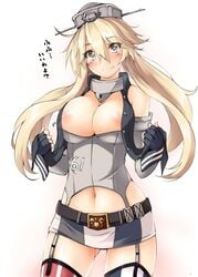 1girls ass_visible_through_thighs belt beltskirt blonde_hair blue_eyes breasts cleavage female fingerless_gloves gloves highres iowa_(kantai_collection) kaminagi_(kaminagi-tei) kantai_collection large_breasts leaning long_hair looking_at_viewer microskirt miniskirt navel nipple_slip nipples skirt smile solo standing star star-shaped_pupils striped_skirt symbol-shaped_pupils thighhighs