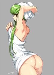 arm_up armpits artist_name ass back bare_back bare_shoulders blush breasts c.c. casual code_geass creayus dat_ass eyebrows eyebrows_visible_through_hair female green_hair grey_background highres holding_towel human long_hair looking_at_viewer looking_back looking_to_the_side naked_towel pale_skin profile shiny shiny_skin sideboob simple_background solo standing thighs towel towel_on_head walking water water_drop wet yellow_eyes