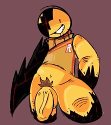1boy bald balls big_penis bottomless forsaken_(roblox) grin john_doe_(forsaken) john_doe_(roblox) looking_at_viewer male male_only mrshira1 no_pants penis pubic_hair roblox roblox_game robloxian solo source_request tagme yellow_skin