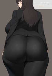 ass black_eyes black_hair bubble_butt formal from_behind girls_und_panzer grey_background hime_cut huge_ass huge_breasts long_hair mature_female milf mommy nishizumi_shiho nohohon