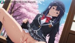 izure_saikyou_no_renkinjutsushi? akane_(izure_saikyou_no_renkinjutsushi?) rating:explicit solo pussy skirt clothes_lift school_uniform uncensored bow cum long_hair bowtie red_bow smile cum_in_pussy blush looking_at_viewer spring_(season) no_panties outdoors bangs shirt sweat black_hair 1girls ai_generated artist_name artist_signature hi_res high_resolution highres kurutai subscribestar subscribestar_username