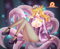 ahri animal_ears blonde_hair blush breasts breasts_out charm female fox_ears hair_ornament hat heart high_heels koohakuu league_of_legends legs long_hair looking_at_viewer nail_polish nipples no_panties one_eye_closed open_clothes pantyhose popstar_ahri pussy smile tattoo uncensored wink yellow_eyes