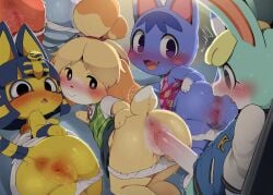 animal_crossing ankha_(animal_crossing) anthro anus bent_over biped blonde_hair blue_body blue_hair blush butt canid canine canis clothed clothing dagasi domestic_cat domestic_dog felid feline felis female fur genitals green_clothing group hair hi_res isabelle_(animal_crossing) lagomorph leporid male male/female mammal nintendo pupils rabbit sasha_(animal_crossing) shih_tzu smile toy_dog vulva yellow_body