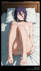 1girl 4k 8k ai_generated bed short_hair body chainsaw_man cross_shaped_pupils explicit_content feet hair_between_eyes legs_up lying_down masterpiece nsfw purple_hair see_through_nightie small_breasts solo symbol_shaped_pupils toenails toenails_polished toes purple_eyes reze_(chainsaw_man)