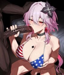 1girls 1boy futanari futa_with_male futasub trans_woman interracial blacked large_breasts bikini american_flag_bikini evernight_(honkai:_star_rail) black_nails pink_hair red_eyes honkai:_star_rail choking fellatio naughty_face netorare dark-skinned_male very_dark_skin muscular_male hair_ornament choker black_male white_female hand_on_ass sexually_suggestive artist:gooonetteai earrings spade_earrings vacuum_fellatio blowjob veiny_penis tongue saliva