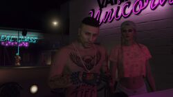 1boy 3d 3dcg 3girls absurd_res ass bare_shoulders bikini black_lingerie brown-haired_female fufu_(gta_v) game_cg gold_chain grand_theft_auto grand_theft_auto_online gta_online_female_character gta_online_male_character highres leather_gloves lingerie navel necklace peach_(gta_v) red_eyes rockstar_editor shirtless_male short-haired_female short-haired_male source_request standing strip_club stripper strippers sunglasses text thong_bikini tornadoqt twintails unbothered vanilla_uniforn
