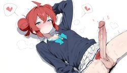 1futa absurdres ahoge ai ai_generated aqua_bowtie arm_at_side arm_behind_head blue_archive blue_eyes blush closed_mouth collarbone collared_shirt dark_blue_sweater double_bun dutch_angle excessive_pubic_hair futanari hair_between_eyes highres long_sleeves looking_at_viewer loose_bowtie maki_(blue_archive) motion_lines no_panties open_collar penis pleated_skirt pubic_hair red_hair school_uniform shading shadow short_hair sidelocks simple_background sitting skirt_lift small_breasts spoken_heart spread_legs steaming_body sweat sweatdrop testicles thighs veiny_penis very_sweaty white_background white_shirt white_skirt