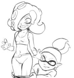 assisted_exposure blush bottomless breasts cephalopod cephalopod_humanoid embarrassed enf female inkling inkling_boy male mask_(marking) monochrome nintendo octarian octoling octoling_girl octoling_rival octopus open_mouth pants_down pants_pull pantsing pussy simple_background small_breasts solo_focus splatoon splatoon_2 squid standing suction_cup tentacle tentacle_hair uncensored