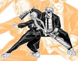 01leteo 1boy 1girl ass chainsaw chainsaw_man demon_girl denji_(chainsaw_man) eyepatch greyscale highres horns huge_ass monochrome power_(chainsaw_man) red_horns suit white_background
