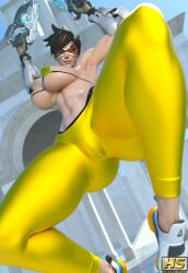 1girls 3d armwear ass big_ass big_breasts blizzard_entertainment breasts brown_hair casual clothing eyewear female female_only firearm footwear hagiwara_studio handgun handwear highres human lena_oxton nonsexual overwatch pale_skin short_hair solo sportswear tagme thick_thighs tracer weapon