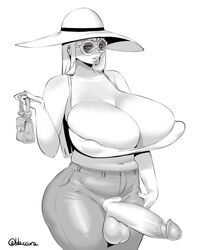 1futa ageha_(burakku-ra) balls bimbo breasts burakku-ra busty cleavage curvy full-package_futanari futa_only futanari hat hyper_breasts intersex large_breasts large_penis monochrome nipple_bulge penis plump purse solo standing sun_hat sunglasses testicles voluptuous