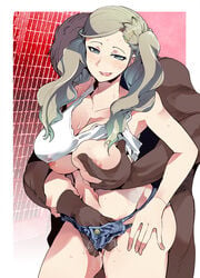 1boy 1girls ann_takamaki atlus bare_shoulders big_breasts blue_eyes breast_grab breasts brown_hair clothing collarbone curvaceous dark-skinned_male dark_skin denim denim_shorts female fingering fingering_from_behind grabbing hair_ornament hairclip hand_in_pants interracial large_breasts licking_lips megami_tensei navel nipples persona persona_5 pussy_juice shorts tank_top tank_top_lift tied_hair tongue tongue_out twintails uchiuchi_keyaki