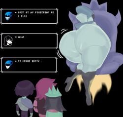 2022 absurd_res anthro ass big_ass big_butt boots bovid butt caprine chair clothed clothing darkner deltarune deltarune_chapter_2 dialogue dialogue_box digital_media digital_media_(artwork) english_text fat_ass female female_focus fire footwear furniture goat group hi_res high_heel_boots high_heels huge_ass huge_butt huge_thighs human humanoid jiggling kris_(deltarune) machine male male/female mammal presenting presenting_hindquarters queen_(deltarune) ralsei reptile robot robot_girl scalie shoes sprite susie_(deltarune) text thick_thighs undergroundj undertale_(series)