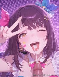 1boy 1girl ai_generated bangs blush brown_hair cum cum_in_mouth cum_on_hair cum_on_tongue earrings explicit facial hair_ornament hair_ribbon hetero idol jewelry long_hair looking_at_viewer nyx_x one_eye_closed open_mouth penis pink_nails ribbon solo_focus star_(symbol) star_hair_ornament tongue tongue_out uncensored v yellow_eyes