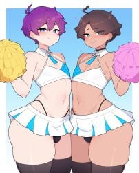 2boys 2femboys ass belly belly_button black_stockings blue_archive blue_eyes blush blushing blushing_at_viewer brown_hair bulge cheerleader cheerleader_outfit cheerleader_uniform commission curvy curvy_body curvy_figure curvy_male dress earrings femboy femboy/femboy femboy_focus femboy_only feminine_male green_eyes heart-shaped_pupils high_resolution holding_pom_poms light-skinned_femboy light-skinned_male light_skin long_stockings looking_at_viewer male/male male_only male_with_male millennium_cheerleader_outfit_(blue_archive) oc original original_character original_characters panties pom_poms purple_hair roixy roixy_nsfw short_hair short_skirt skirt stockings submissive submissive_male suggestive tan_body tan_skin tanned tanned_male tanned_skin thick_thighs thighhighs thighs tie twink
