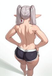 ai_assisted ai_generated back_view bare_back bareback elf elf_ears elf_female elf_girl fit fit_female frieren frieren_beyond_journey's_end large_ass medium_breasts mystiqueanimeart ponytail ponytails shorts shorts_only sideboob sousou_no_frieren tagme thick_ass thick_thighs tied_hair topless topless_female white_hair