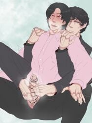 2boys baku_yorozu behind_another black_hair blush blushing button_down_shirt censored censored_penis collar collared_shirt curly_hair disaste1960713 drool drool_string drooling earring emotionless expressionless feet feet_on_penis footjob footjob_from_behind gay gay_footjob gay_sex grey_eyes hands_on_shoulders holding_partner holding_up kamen_rider kamen_rider_zeztz_(series) legs_around_partner legs_around_waist male male/male male_focus male_only motion_lines mouth_open numbered_ring on_lap open_mouth open_pants pants pants_open penis penis_out pierced_ear pink_shirt red_eyes ring saliva saliva_string saliva_trail shirt short_hair suit sweat sweatdrop sweating three_(kamen_rider_zeztz) tremble_lines tremble_spikes trembling trembling_penis yaoi