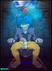 1boy anthro balls blue_eyes blue_hair bottomless chair clothing erection grin hair indoors koopa koopaling ludwig_von_koopa male male_only mario_(series) nintendo penis scalie sitting smile solo super_mario_bros. testicles throne ukent video_games