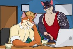 3:2 absurd_res anthro arm_tattoo balls beverage biceps black_body black_fur black_hair blonde_hair blue_background blue_bottomwear blue_clothing blue_shorts bodily_fluids bottomwear canid canine chair clothed clothing coffee coffee_cup computer computer_mouse container cup desk digital_media_(artwork) domestic_cat door drooling duo ear_piercing edging electronics erection eyebrow_piercing facial_piercing fangs felid feline felis floral_pattern fox fur furniture genital_fluids genitals green_eyes hair hand_on_face hand_on_object hand_on_penis hi_res hypnosis kotarocat kotarocat_(artist) laptop leaking_precum looking_at_another looking_at_genitalia looking_at_penis male male_anthro male_only mammal masturbation mind_control muscular muscular_anthro muscular_male musuclar_anthro office_chair on_chair orange_body orange_fur pecs penis picture_frame piercing plant precum red_clothing red_shirt red_tank_top red_topwear saliva shirt short_hair shorts simple_background sitting sitting_on_chair smile smirk spiral spiral_eyes standing story story_in_description table tank_top tattoo teeth topwear wood wood_desk wood_door wood_furniture worried_face yellow_clothing yellow_shirt yellow_topwear