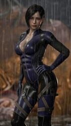 ada_wong ada_wong_(adriana) outfit outfit_swap outfit_variant outfit_change thick_thighs cleavage cleavage_cutout medium_breasts black_hair asian asian_female resident_evil resident_evil_2 resident_evil_4 resident_evil_2_remake resident_evil_4_remake slim_waist wide_hips hand_on_hip gloves tactical_gear bangs leather leather_clothing unknown_artist artist_request