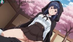 izure_saikyou_no_renkinjutsushi? akane_(izure_saikyou_no_renkinjutsushi?) rating:explicit hood penis skirt 1boy straddling outdoors hetero smile spring_(season) solo_focus clothed_sex cowgirl_position sweat sex girl_on_top pussy shirt dress_shirt uncensored vaginal hood_up blush long_hair looking_at_viewer pussy_juice animal_hood 1girls ai_generated artist_name artist_signature hi_res high_resolution highres kurutai subscribestar subscribestar_username
