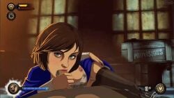 animated bioshock bioshock_infinite corset elizabeth_comstock female first_person_view gameplay_mechanics male partial_male pov short_hair zone brunette brunette_hair brunette_female brunette-haired_female tan_body tan_skin tan_skinned_female tan_skinned blue_eyes gif lips red_lips breasts nipples areolae areola no_panties stockings blue_dress blue_vest necklace wooden_box penis blowjob blowjob_face fellatio penis_in_mouth sucking sucking_penis