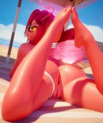 1girls 2_antennae 3d_(artwork) 777bronzestar accessory anus beach big_butt bikini bikini_bottom bikini_bottom_removed bikini_removed blender_(artwork) blender_cycles_(artwork) butt butt_focus clothing colored_nails dark_willow digital_media_(artwork) dota dota_2 eyelashes eyewear eyewear_on_head fairy feet female genitals glasses hair hi_res humanoid insect_wings lips long_hair looking_at_viewer looking_back lying lying_on_ground mireska_sunbreeze_the_dark_willow nails nude on_front on_ground outside panties pink_body pink_hair red_eyes sand sea solo solo_focus spread_legs spreading sunglasses sunglasses_on_head swimwear thick_thighs toned_female two-piece_swimsuit underwear valve valve_corporation vulva water wearing_glasses wearing_sunglasses white_clothing white_panties white_underwear winged_humanoid wings yellow_sclera