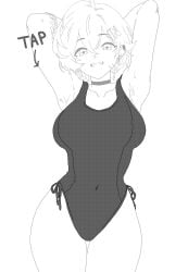 1girls armpits arms_behind_head arms_up belle_(zenless_zone_zero) big_breasts breasts busty child_bearing_hips cleavage covered_navel female female_only grin highres large_breasts legs looking_at_viewer monochrome one-piece_swimsuit pose posing sensual sexy sexy_armpits sexy_pose short_hair sketch smile solo sweat sweatdrop swimsuit tagme_(artist) teeth thick_thighs thighs voluptuous wide_hips zenless_zone_zero
