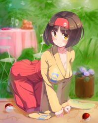 00s 1girls all_fours ass bangs black_hair blunt_bangs blush bob_cut breasts brown_eyes brown_hair chair cleavage clothed collarbone erika_(pokemon) erika_(pokemon_frlg) female flower food glass grass gym_leader hairband hakama hanging_breasts human japanese_clothes kazo kimono large_breasts looking_at_viewer nintendo outdoors plant poke_ball pokemon pokemon_frlg potted_plant red_hakama sash short_hair smile solo table wide_sleeves yellow_eyes