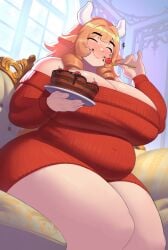 1girls 2020s 2026 2026s cake chubby chubby_belly chubby_female cleavage clothing cow_ears cow_girl cow_horns eating eating_cake eating_food eyes_closed fair-skinned_female fair_skin fair_skinned_female harufeng jpg solo solo_female solo_focus strawberry_blonde_hair sweater sweater_puppies