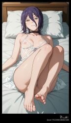 1girl 4k 8k ai_generated bed short_hair body chainsaw_man cross_shaped_pupils explicit_content feet hair_between_eyes legs_up lying_down masterpiece nsfw purple_hair see_through_nightie small_breasts solo symbol_shaped_pupils toenails toenails_polished toes purple_eyes reze_(chainsaw_man)