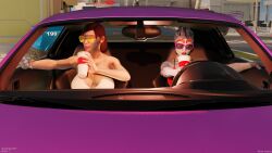 2girls asari aviator_sunglasses beach big_breasts big_lips bikini blue_skin cleavage clothed clothed_female commander_shepard drinking femshep jane_shepard mass_effect nipple_bulge on_phone red_hair rotosama saliva samara soda straw sunglasses sweat sweatdrop sweating tinted_eyewear