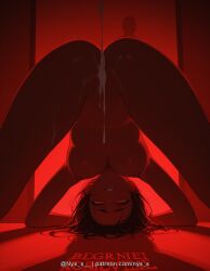 nyx_x ai_generated explicit 1girl long_hair breasts looking_at_viewer large_breasts black_hair red_eyes 1boy nipples ass hetero nude parted_lips pussy solo_focus spread_legs cum completely_nude uncensored cum_in_pussy all_fours after_sex cumdrip upside-down top-down_bottom-up hanging_breasts after_vaginal red_theme looking_through_legs