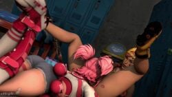 fortnite esme_(fortnite) aura_(fortnite) brown_eyes makeup orange_hair pink_hair pigtails braided_hair open_mouth futa 1girls 1futa futa_on_female futanari dominant_futa submissive_female masturbation anilingus licking_ass kiss_mark_on_ass kiss_mark_on_foot boots mostly_nude clothed_female croptop shorts legs_crossed legs_up jerking_off foreskin thick_thighs ass hat locker_room shotgun chug_splash grenade trash_can bandaid animated gif source_filmmaker rottingsfm