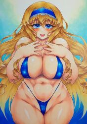 1girls busty big_breasts voluptuous female female_only sensual sexy child_bearing_hips abs bikini blonde_hair blue_bikini blue_eyes blush bow breasts cameltoe cecilia_alcott cleavage covered_erect_nipples drill_hair hairband hands_on_own_chest highres infinite_stratos large_breasts legs long_hair looking_at_viewer navel open_mouth smile solo sweat swimsuit thick_thighs thighs thong_bikini tongue traditional_media wide_hips