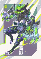 2026 alternate_species anthro big_breasts black_body black_bra black_clothing black_fur black_underwear bra breasts chastity_cage chastity_device clothing cybernetic_arm cybernetic_leg cybernetic_limb cybernetics cyborg digital_drawing_(artwork) digital_media_(artwork) dreik_(drakeraynier) felid feline fur generation_7_pokemon green_hair gynomorph hair hi_res intersex japanese_text jooshy legendary_pokemon lock_symbol machine mammal multicolored_body multicolored_fur neck_tuft nintendo open_mouth pokemon pokemon_(species) solo text translation_request tuft two_tone_body two_tone_fur underwear visor white_body white_fur zeraora