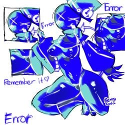 1girl artist_name berrysoda blue_skin boots breasts breasts_out cross_eyes english_text grace_(roblox) kneeling kookoo_(grace) naked naked_female nipples roblox roblox_game self_upload small_breasts stomach tagme text thick_thighs thighs