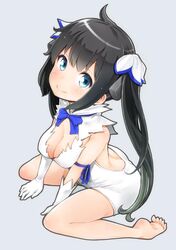 ahoge bare_legs barefoot black_hair blue_eyes breasts cleavage dress dungeon_ni_deai_wo_motomeru_no_wa_machigatteiru_darou_ka female gloves grey_background hair_ornament hestia_(danmachi) long_hair looking_at_viewer rei_no_himo simple_background sitting smile soborou solo tied_hair twintails wariza white_dress white_gloves