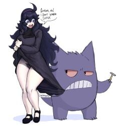 accessory ahoge ambiguous_gender assisted_exposure big_breasts black_clothing black_eyes black_footwear black_shoes blue_hair breasts clothed clothing dialogue dress duo female footwear front_view generation_1_pokemon gengar grey_clothing grey_dress hair hair_accessory hairband hairy_vulva hex_maniac hi_res holding_object holding_razor holding_tool human juggryph long_hair mammal nintendo no_underwear open_mouth pale_skin pokemon pokemon_(species) purple_body purple_eyes razor red_sclera shoes simple_background speech_bubble spiral spiral_eyes text thick_thighs tools white_background wide_hips